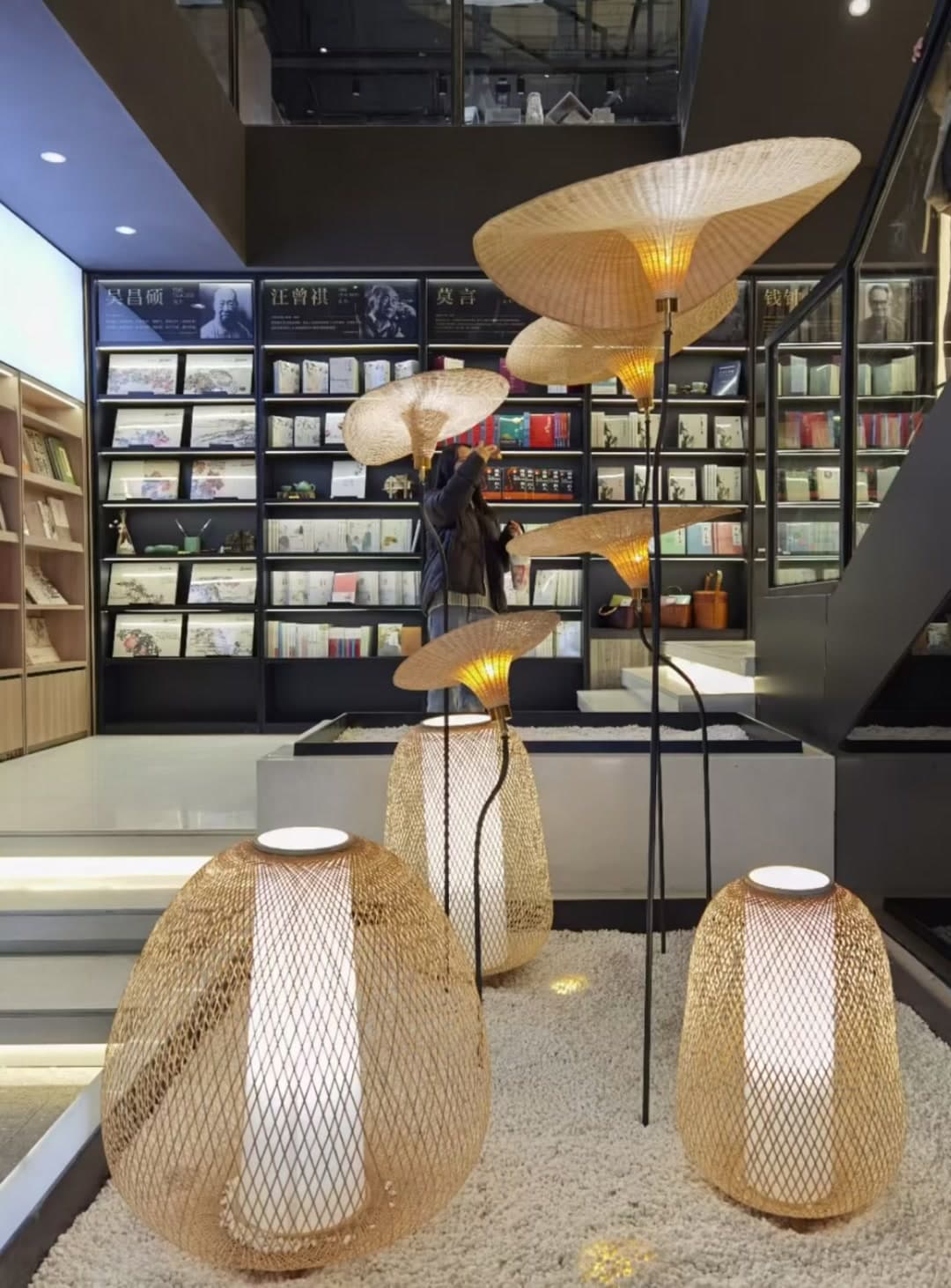 Bamboo lighting display in a public interior
